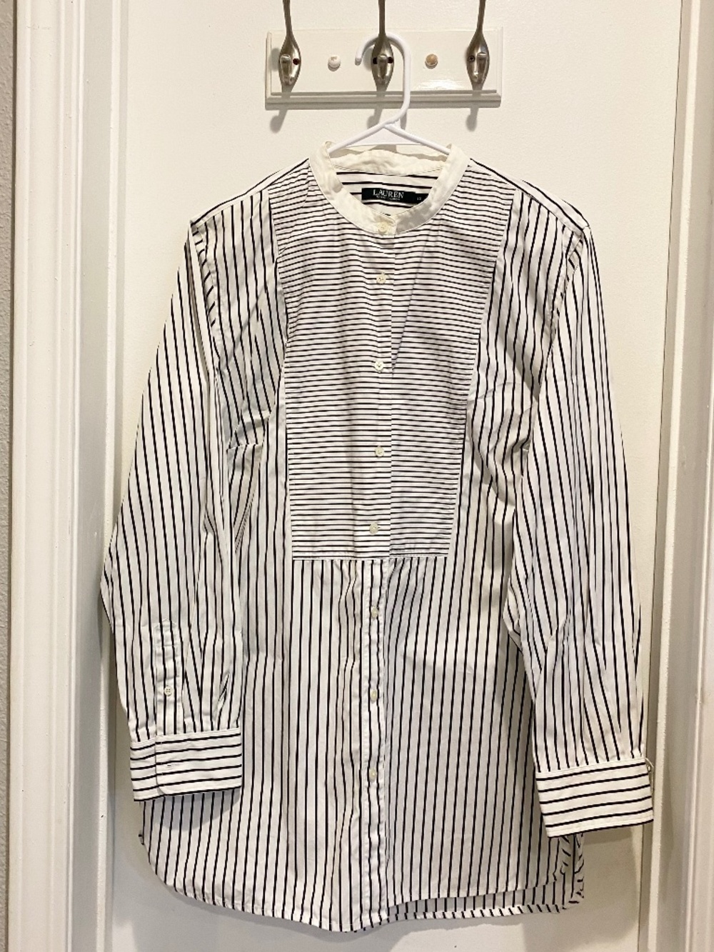 Lauren Ralph Lauren Bib-Front Striped Button-Down Long Sleeve Tunic Shirt Office